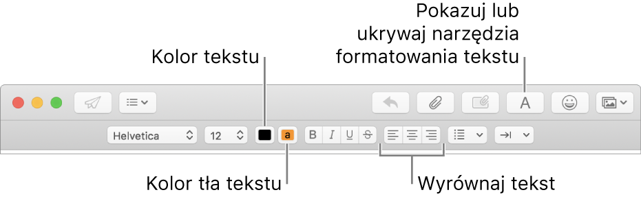Pasek narzędzi oraz pasek formatu w oknie nowej wiadomości wskazujący przyciski stosowania koloru tekstu, koloru tła oraz wyrównania.
