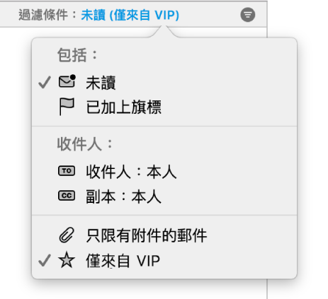 過濾器彈出式選單顯示六種可能的過濾器：「未讀」、「已加上旗標」、「收件人：」「本人」、「副本：」「本人」、「只限有附件的郵件」和「只來自 VIP」。