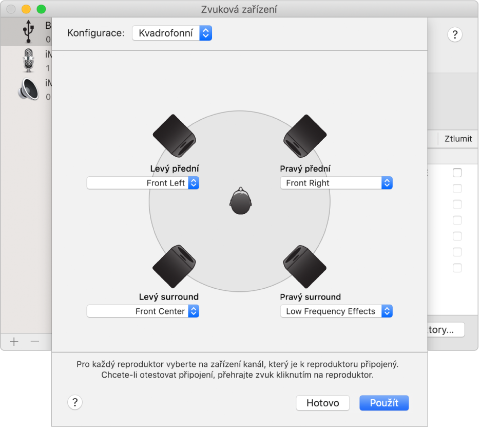 Dialogové okno pro konfiguraci reproduktorů, v němž je vidět kvadrofonní konfigurace reproduktorů