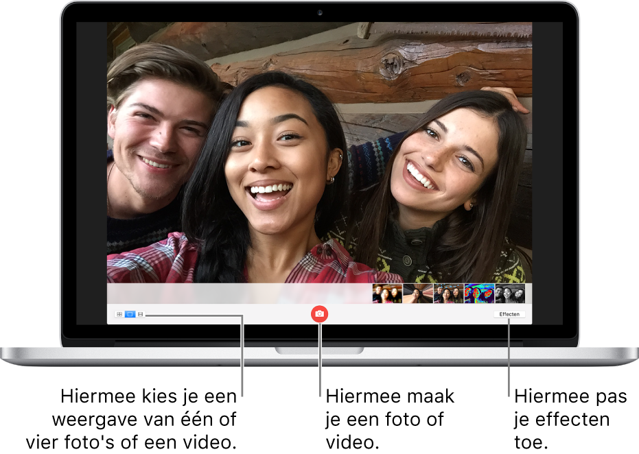 Het Photo Booth-venster met de fotoknop geselecteerd. Als je wilt schakelen tussen het maken van foto's of video-opnames, kies je linksonderin de knop voor vier foto's, de fotoknop of de videoknop. Om een foto te maken of video op te nemen, klik je onder in het midden op de knop 'Maak foto' of 'Neem video op'. Om effecten toe te passen, klik je rechtsonderin op de knop 'Effecten'.