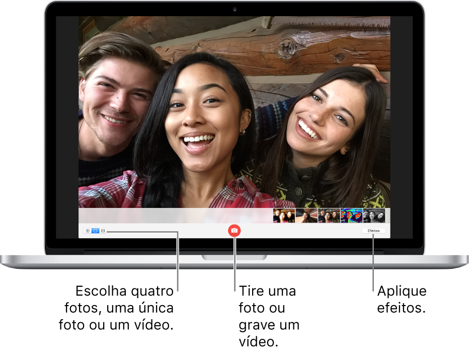 A janela do Photo Booth com o botão “Tirar uma foto” selecionado. Para alternar entre tirar fotos ou gravar um vídeo, escolha Quatro Fotos, Foto ou Vídeo no canto inferior esquerdo. Para tirar uma foto ou gravar um vídeo, clique no botão Tirar Foto ou Gravar Vídeo na parte inferior central. Para aplicar efeitos, clique no botão Efeitos no canto inferior direito.