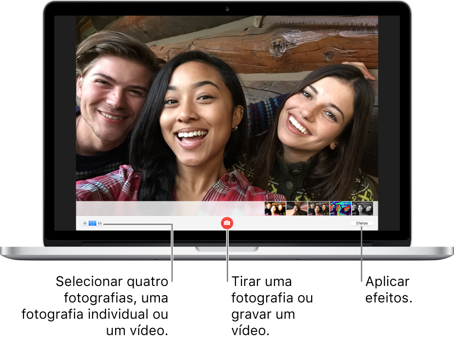 A janela do Photo Booth com o botão “Tirar fotografia” selecionado. Para alternar entre tirar fotografias ou filmar, selecione Quatro fotografias, Fotografia ou Vídeo na parte inferior esquerda. Para tirar uma fotografia ou gravar um vídeo, clique no botão “Tirar fotografia” ou “Gravar vídeo” na parte inferior ao centro. Para aplicar efeitos, clique no botão Efeitos na parte inferior direita.