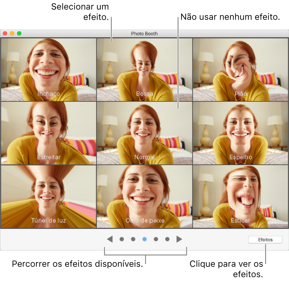 Janela do Photo Booth a mostrar os efeitos à escolha. Clique no efeito que pretende utilizar. Se não quiser usar um efeito, clique em Normal ao centro.