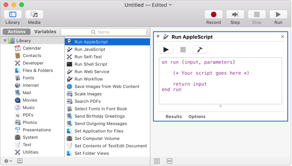 The Automator window with a Run AppleScript action.