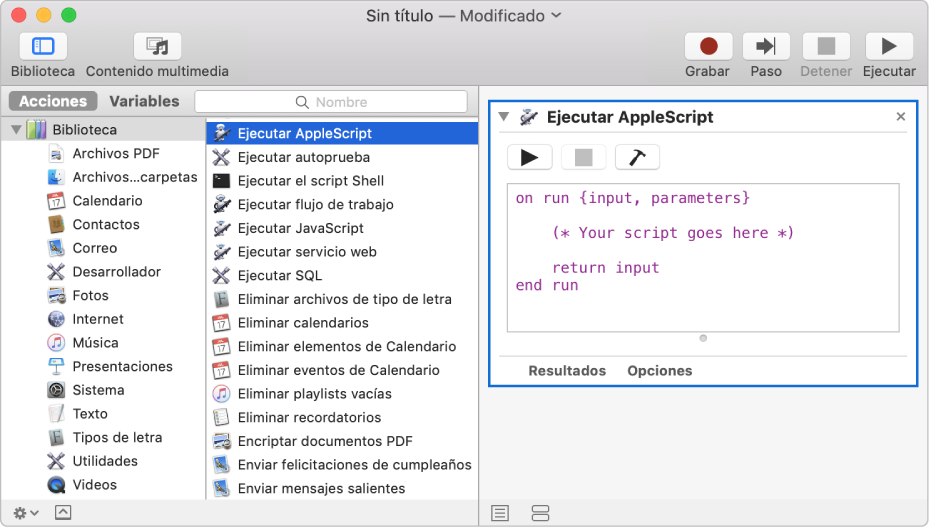 La ventana de Automator con una acción Ejecutar AppleScript.