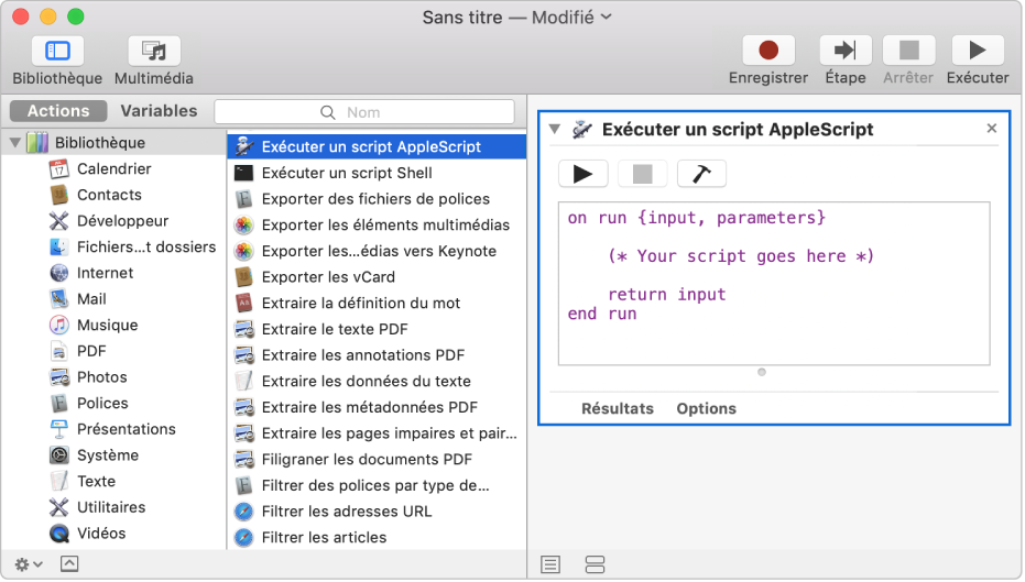 La fenêtre Automator avec une action Exécuter AppleScript.