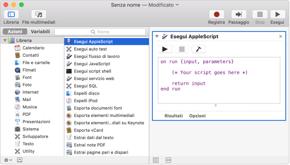 La finestra di Automator con l’azione “Esegui AppleScript”.