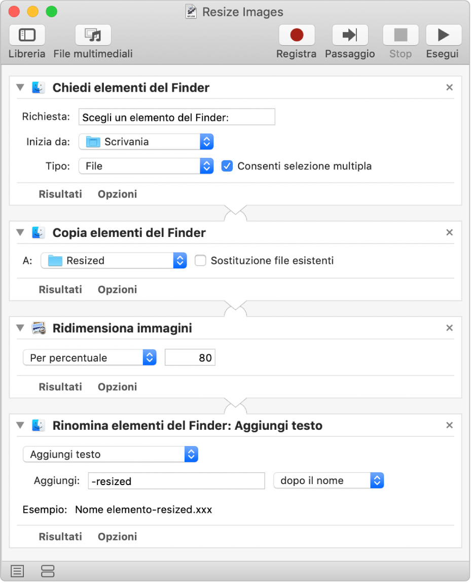 Un flusso di lavoro di Automator con quattro azioni.