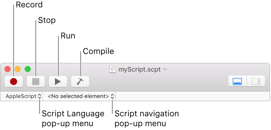 The Script Editor toolbar showing the record, stop, run, compile, script language and script navigation controls.