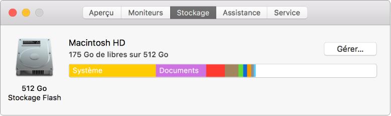 Sous-fenêtre Stockage d’Informations système, affichant une représentation graphique de votre stockage.