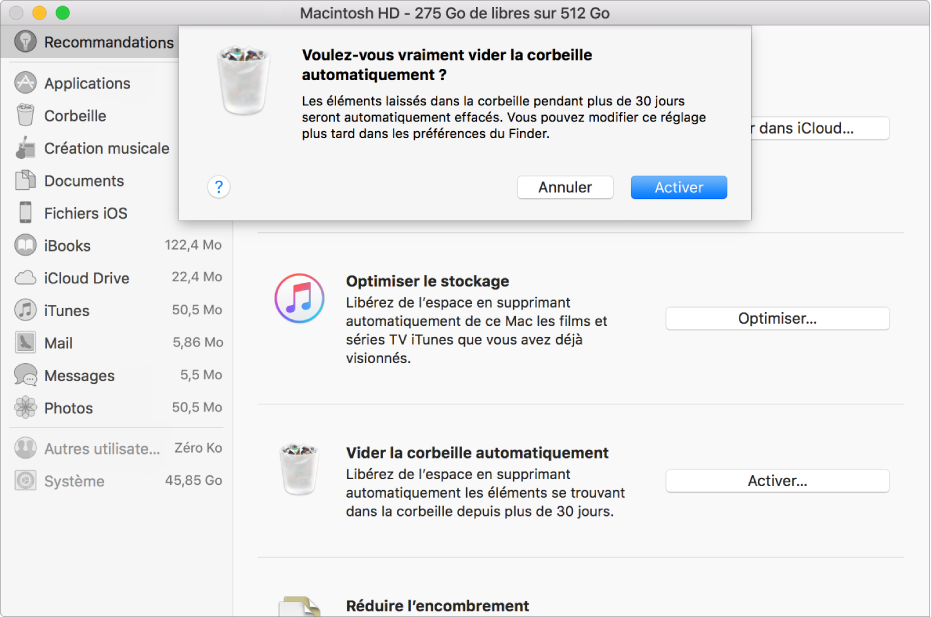Zone de dialogue Voulez-vous vraiment vider la corbeille automatiquement dans la fenêtre Recommandations de stockage.
