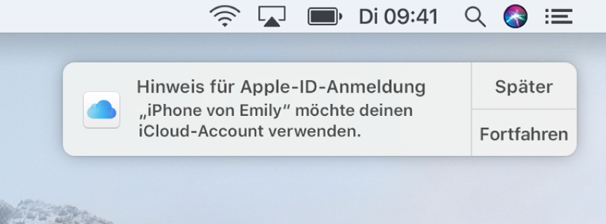 Eine Mitteilung für das Gerät, das eine Bestätigung für den iCloud-Schlüsselbund anfordert