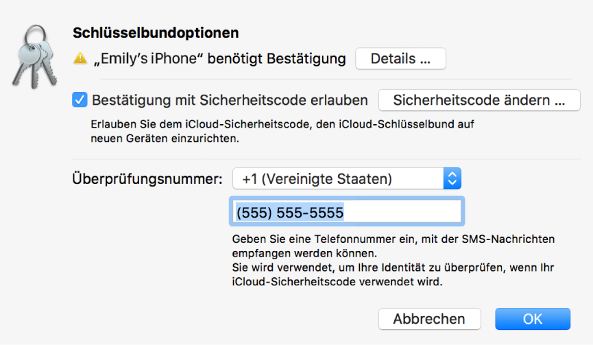 Das Dialogfenster mit iCloud-Schlüsselbund-Optionen mit dem Namen des Geräts, das eine Bestätigung anfordert, mit der Taste „Details“ daneben.