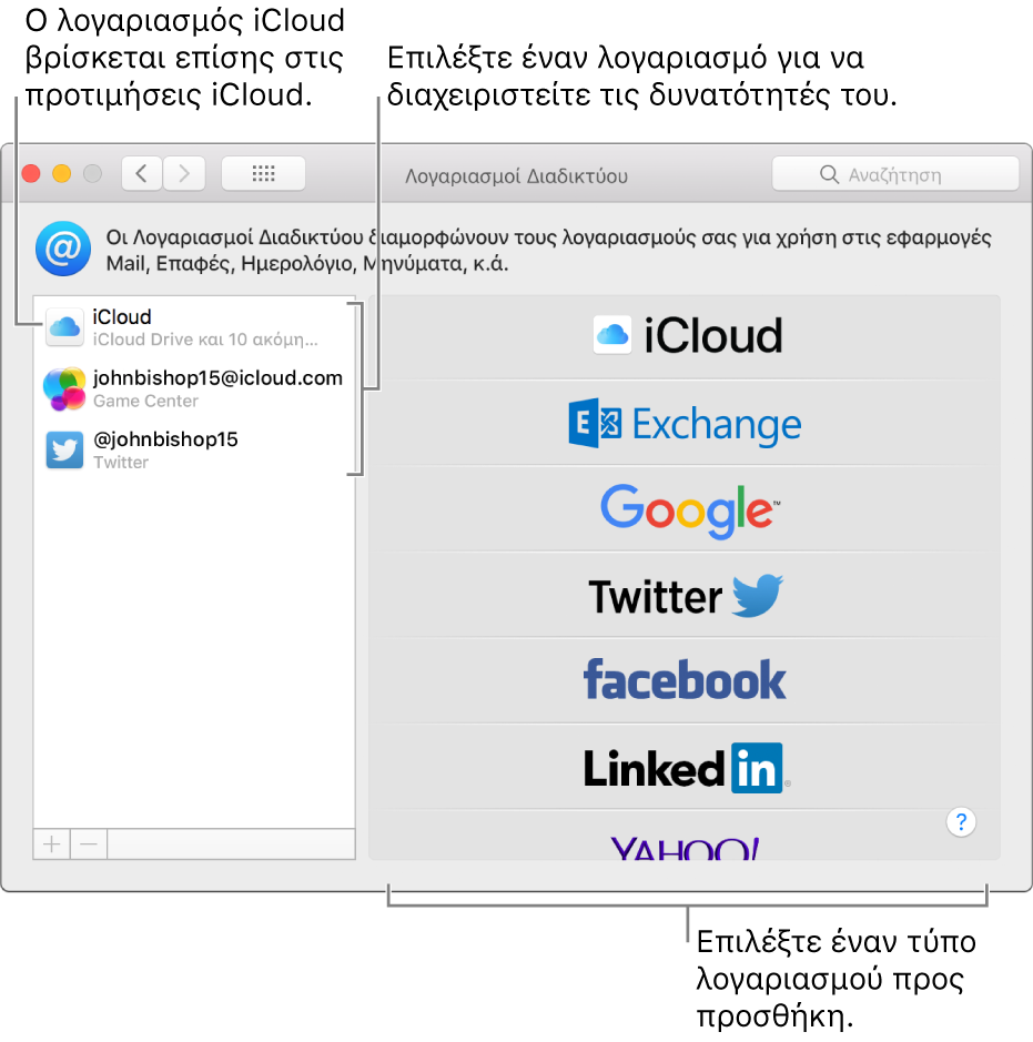 Προτιμήσεις των Λογαριασμών Διαδικτύου με λογαριασμούς iCloud και Twitter στα δεξιά και διαθέσιμους τύπους λογαριασμών στα αριστερά.