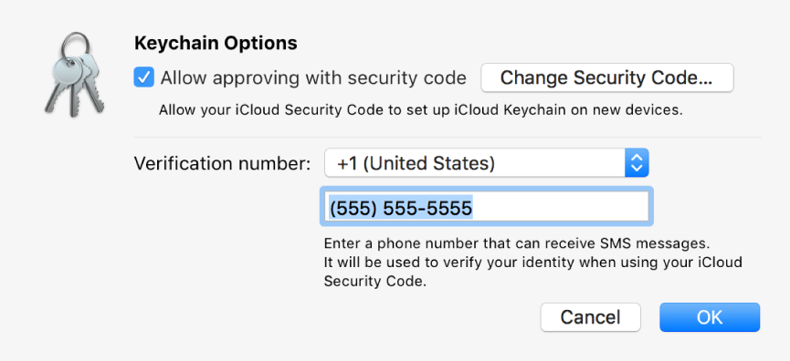 iCloud Keychain Options dialog with the option selected to allow approving with the security code, the button for changing the security code, and the fields for changing the verification number.