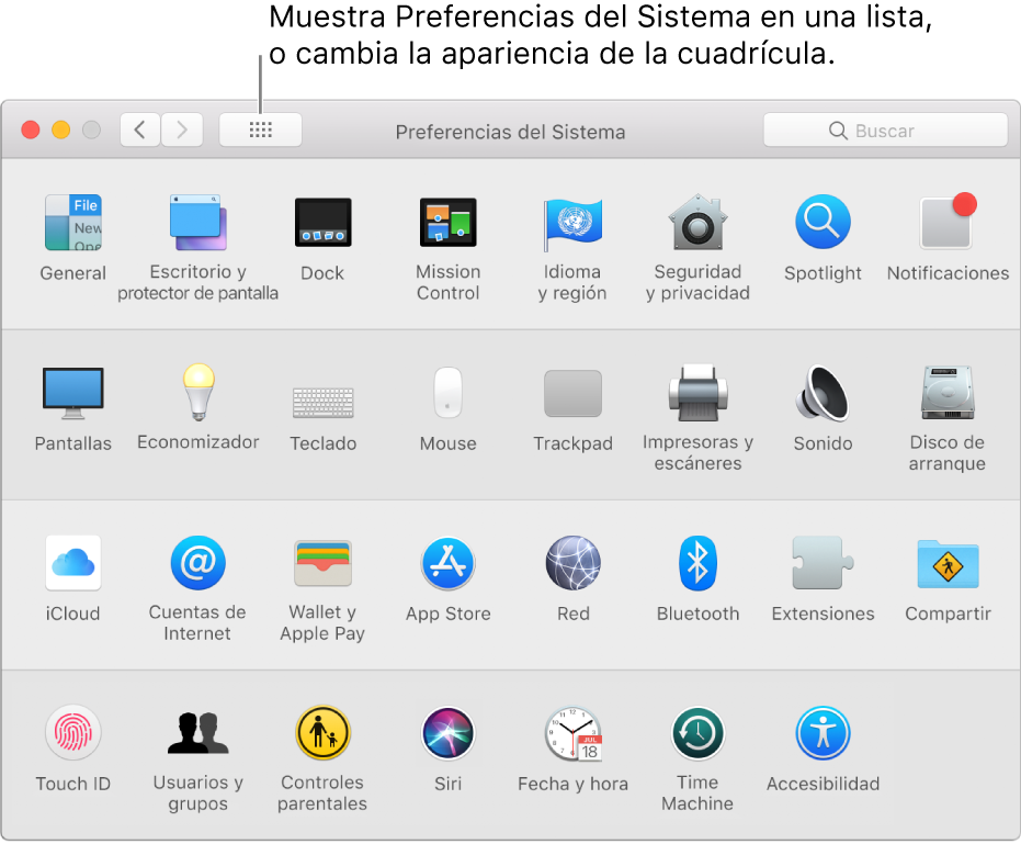 Ventana de Preferencias del Sistema con la cuadrícula de íconos. Haz clic en el botón “Mostrar todo” en la barra de herramientas de la ventana para ver las preferencias del sistema como una lista, o para cambiar la apariencia de la cuadrícula.