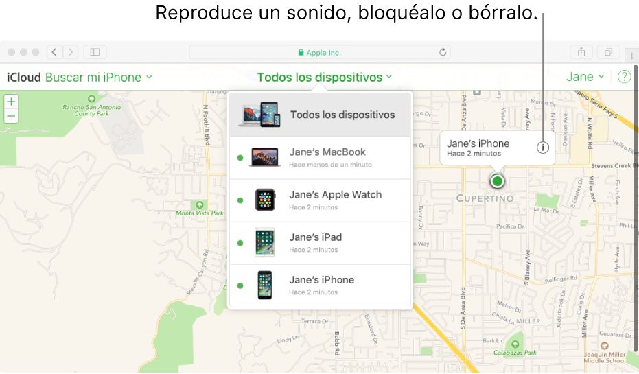 Un mapa en Buscar mi iPhone en iCloud.com mostrando la ubicación de una Mac.