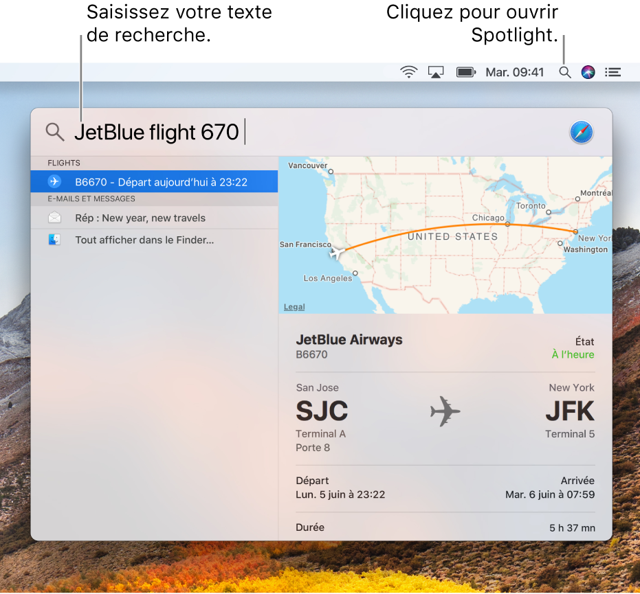 Le menu Spotlight affichant un exemple de recherche avec des résultats de recherche.