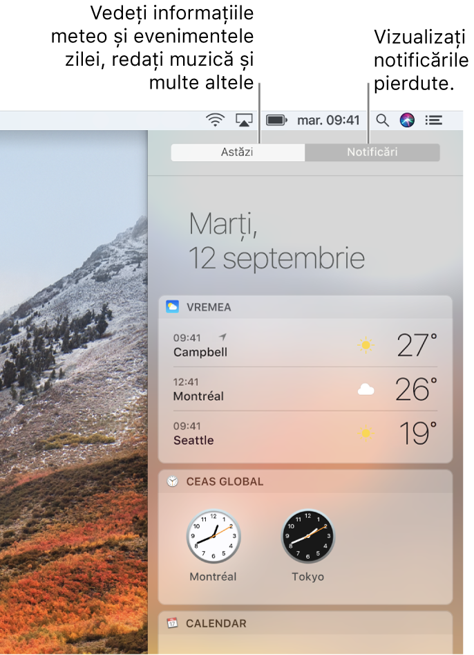 Informațiile zilei afișează vremea și ceasurile globale. Faceți clic pe fila Notificări pentru a vizualiza notificările omise.