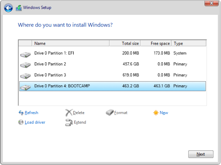 In Windows Setup, the “Where do you want to install Windows?” dialog is open, and the BOOTCAMP partition is selected.