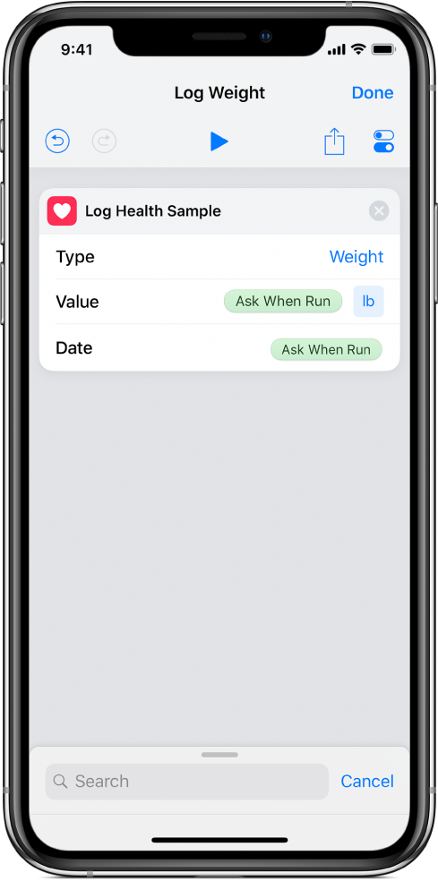 Ask when Run variable token in the Date field of the Log Health Sample action.