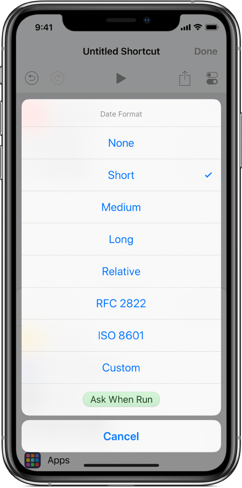 Date Format options dialog.