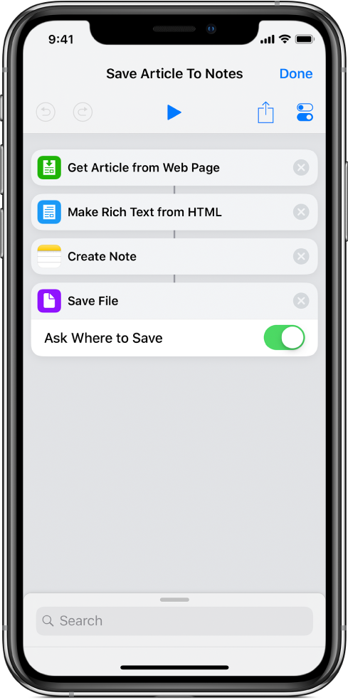 Actions shown in the shortcut editor.