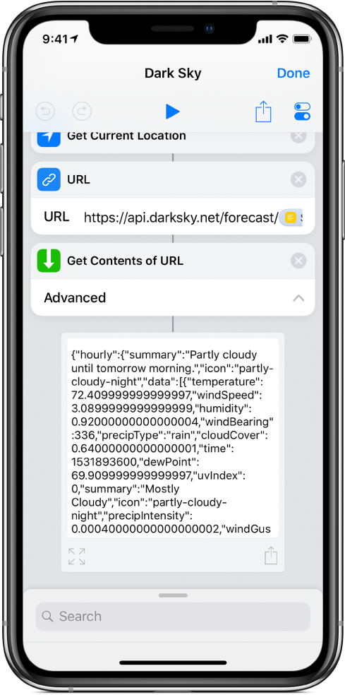 Los resultados del atajo con la solicitud de API de Dark Sky mostrando el pronóstico del clima de Alcatraz