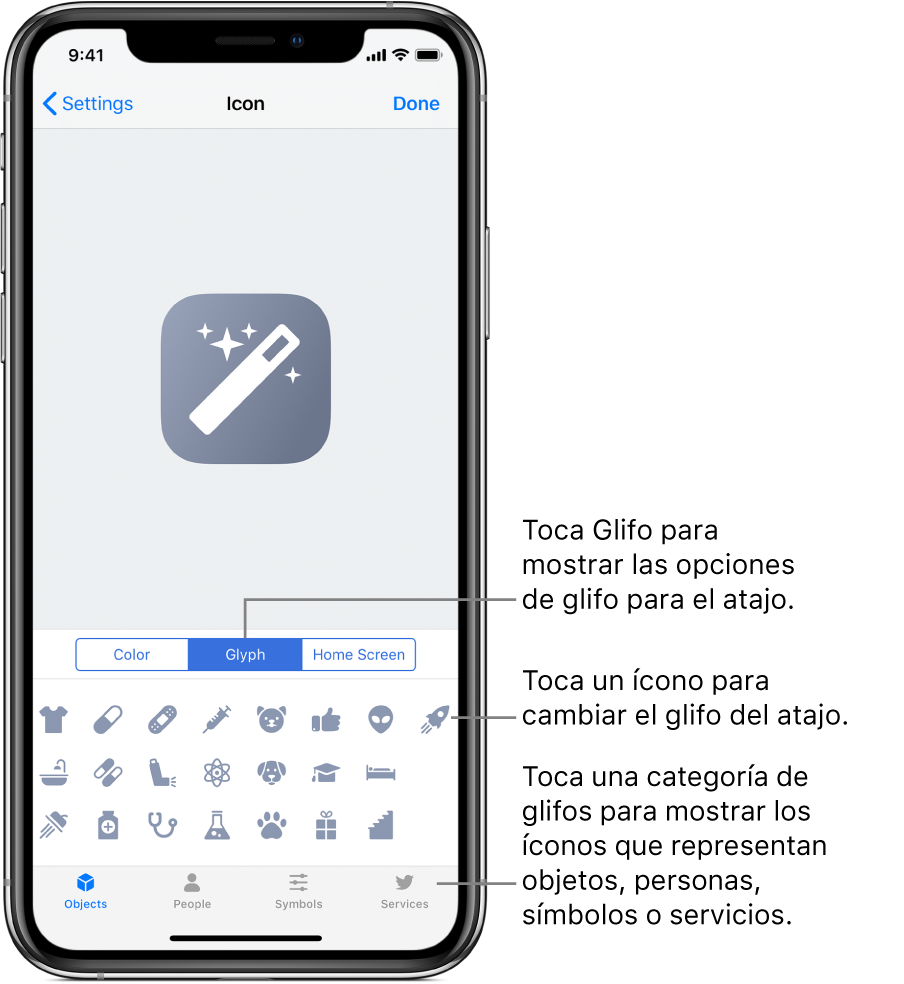 La pantalla Ícono mostrando las opciones de glifo de los atajos