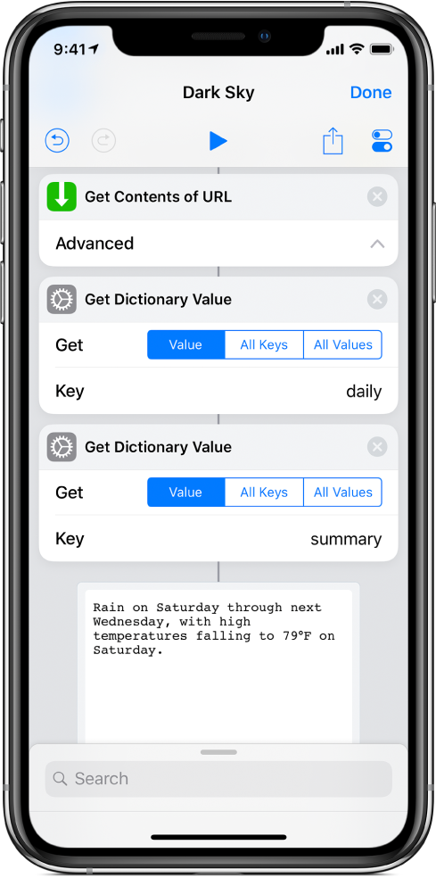 Action Obtenir la valeur du dictionnaire dans l’éditeur de raccourci avec la clé définie sur « summary ».