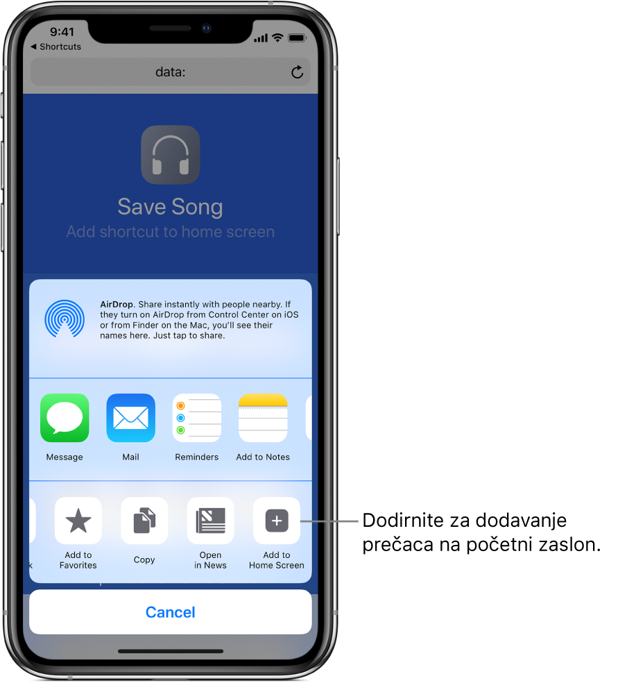 Tipka Dodajte na početni zaslon koja se prikazuje u Safariju.