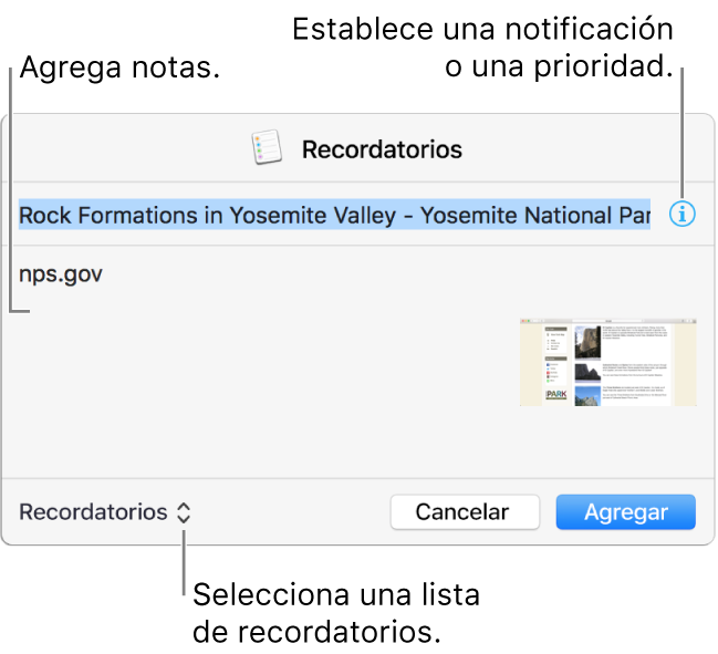 Cuadro de diálogo Detalles de un recordatorio agregado desde Safari.
