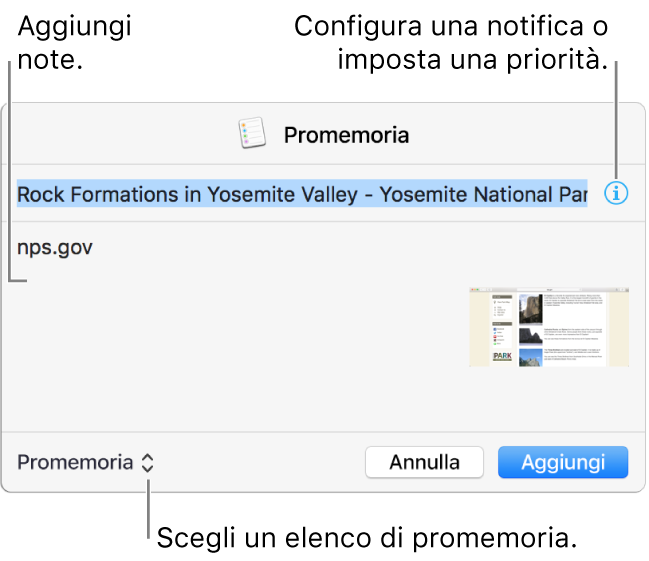 Una finestra di dialogo con i dettagli di un promemoria aggiunto da Safari.