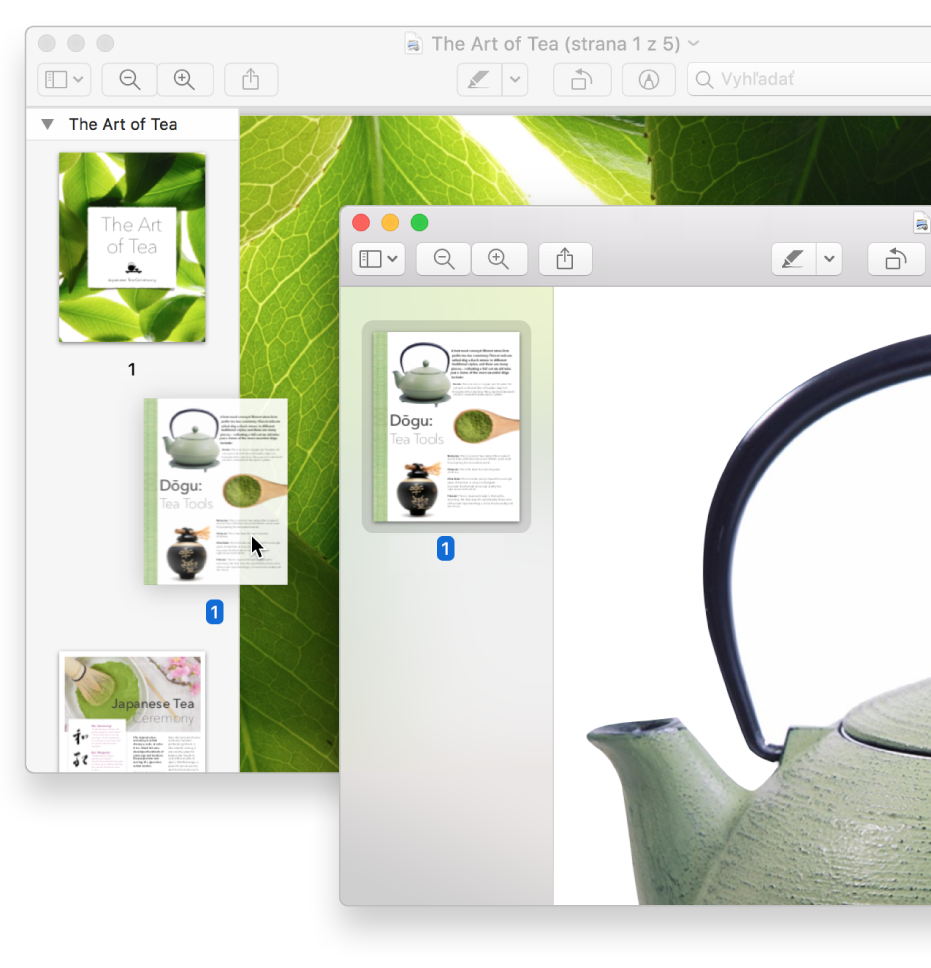 Miniatúra strany z jedného PDF súboru na postrannom paneli druhého súboru.