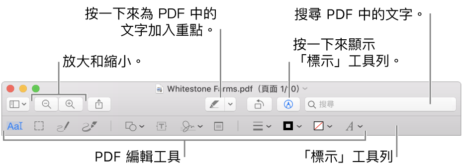 用於標示 PDF 的「標示」工具列。