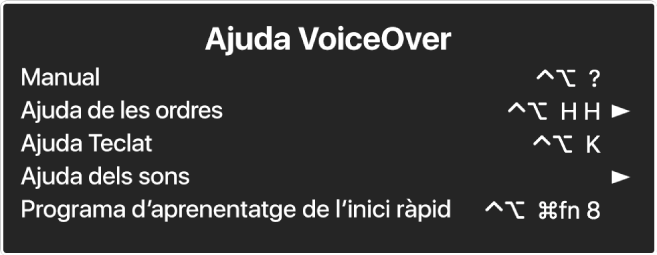 El menú Ajuda VoiceOver és un tauler que mostra una llista, de dalt a baix, de: Ajuda en línia, Ajuda de les ordres, Ajuda Teclat, Ajuda dels sons, Programa d’aprenentatge de l’inici ràpid i Guia d’introducció. A la dreta de cada ítem hi ha l’ordre de VoiceOver que mostra l’ítem o una fletxa per accedir a un submenú.