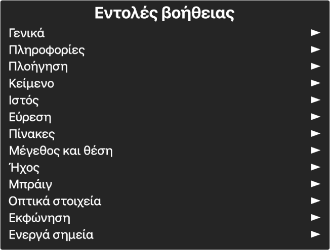 Το μενού «Εντολές βοήθειας» είναι ένα τμήμα που καταγράφει κατηγορίες εντολών, το οποίο ξεκινά με τα «Γενικά» και ολοκληρώνεται με τα «Ενεργά σημεία». Στα δεξιά κάθε στοιχείου της λίστας υπάρχει ένα βέλος για πρόσβαση στο υπομενού του στοιχείου.