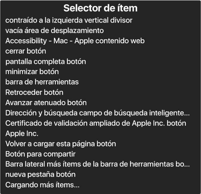 El selector de ítem es un panel que incluye una lista de ítems como el área de desplazamiento vacía, el botón de cierre, la barra de herramientas y el botón Compartir, entre otros.