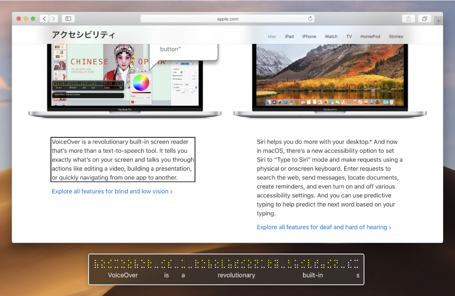 点字パネル。Web ページの VoiceOver カーソルの内容を表示しています。点字パネルには、更新式点字ディスプレイを模した黄色の点字が表示され、その下に点字に対応するテキストが表示されています。