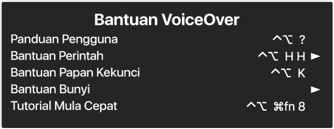 Menu Bantuan VoiceOver adalah panel yang menyenaraikan, dari atas ke bawah: Bantuan Dalam Talian, Bantuan Perintah, Bantuan Papan Kekunci, Bantuan Bunyi, Tutorial Mula Cepat dan Panduan Bersedia untuk Bermula. Di sebelah kanan setiap item adalah perintah VoiceOver yang memaparkan item, atau anak panah untuk mengakses submenu.