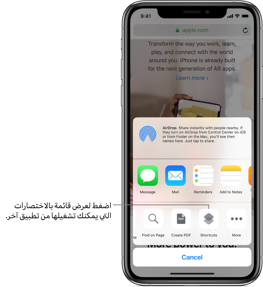 زر الاختصارات في صفحة المشاركة بتطبيق Safari.