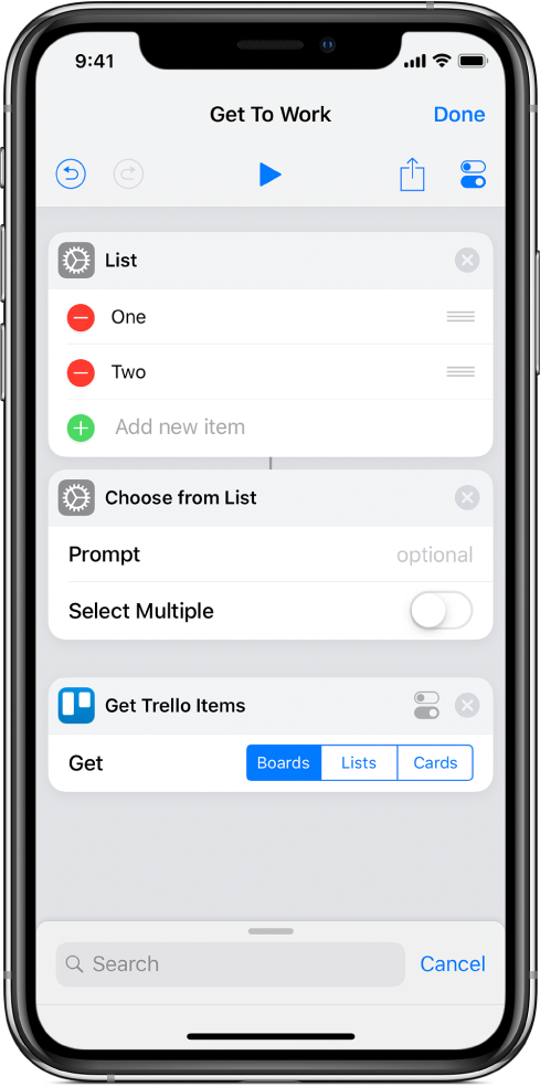 اختصار يحتوي على إجراء إحضار عناصر Trello.