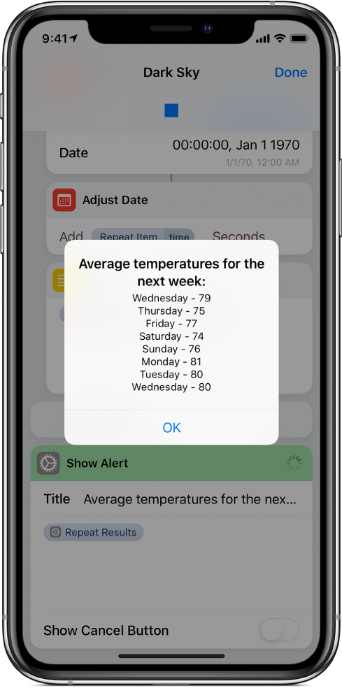 Resulting alert showing the average temperatures for the week, in shortcut editor.