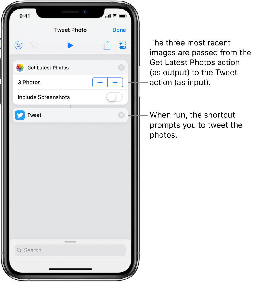 Example of Shortcut actions to Tweet images from the Photos library.