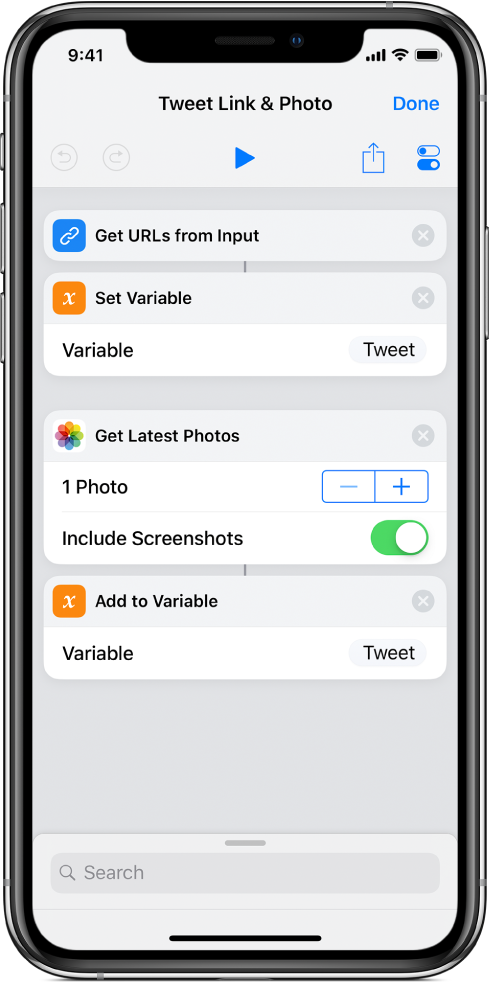 Set Variable and Add to Variable actions in shortcut editor.