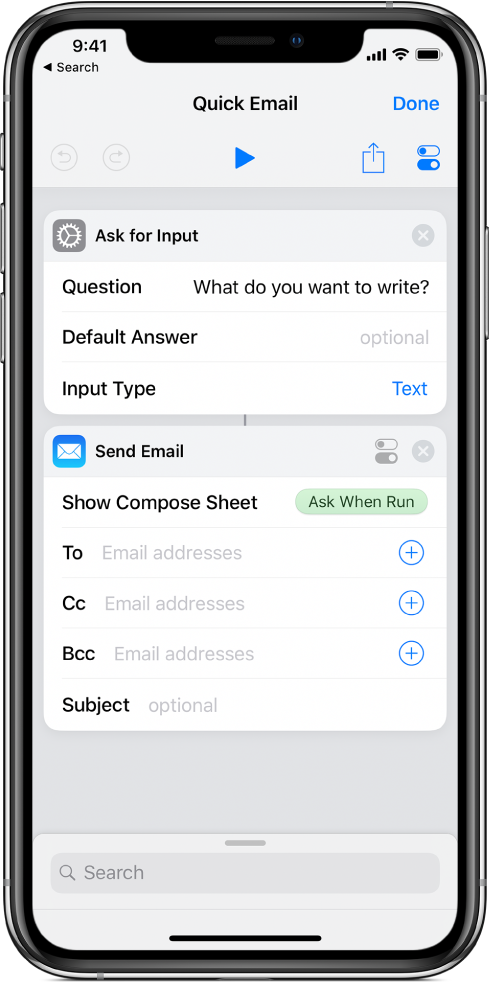 Ask When Run variable token in the Show Compose Sheet field of the Send Email action.