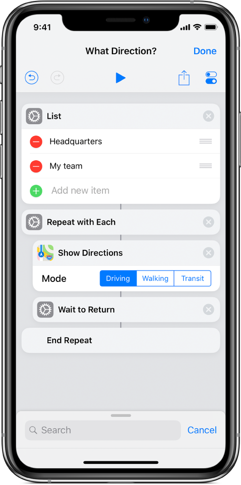 Example shortcut showing "Repeat" actions.