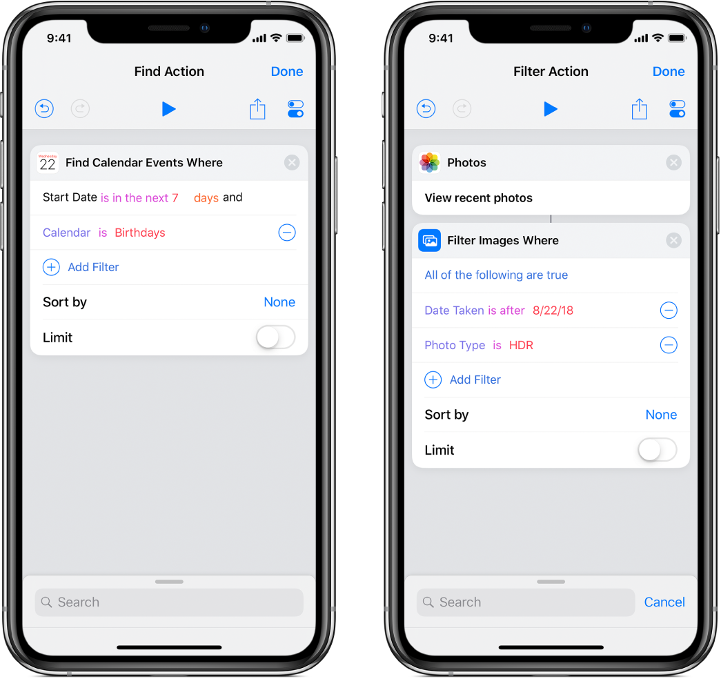 Find Calendar Events Where action and Filter Images Where action in shortcut editor.