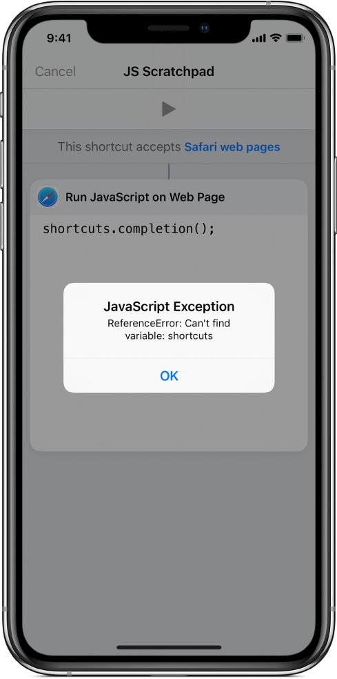 The shortcut editor showing a JavaScript Exception error message.