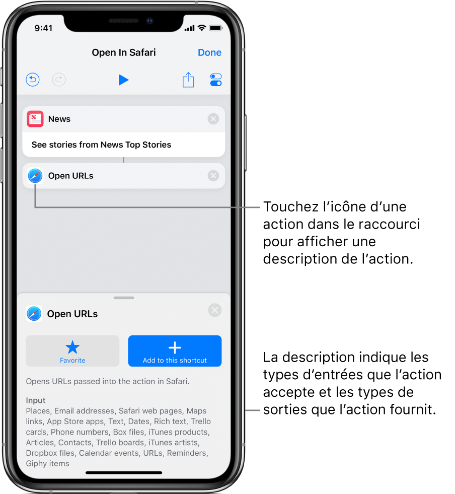 Éditeur de raccourci montrant une description de l’action Ouvrir les URL.